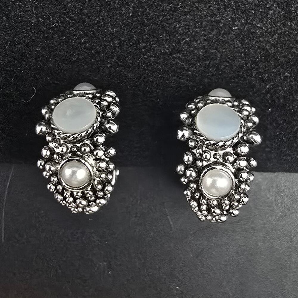 Silver Tone Half Hoop Clip On Earrings Faux Pearl Ellen Kiam